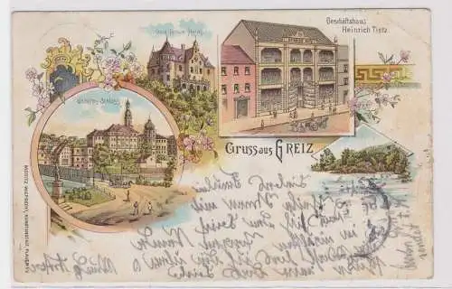 907258 Lithographie Ak Gruss aus Greiz - Geschäftshaus Heinrich Tietz, Schloss