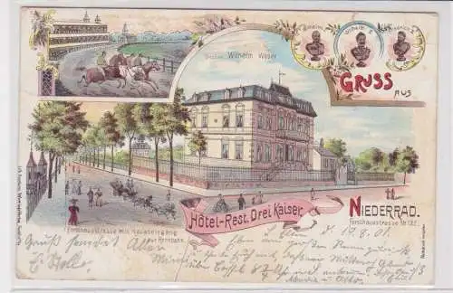 907254 Lithographie Ak Gruss aus Niederrad Hotel-Rest. Drei Kaiser 1901