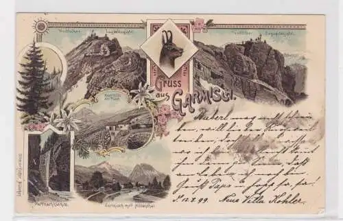 907250 Lithographie Ak Gruss aus Garmisch - Zugspitzgipfel, Höllenthal usw. 1899