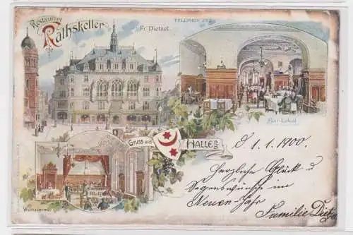 907376 Lithographie Ak Gruss aus Halle - Restaurant Rathskeller Dr. Dietzel 1899