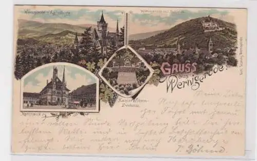 907378 Lithographie Ak Gruss aus Wernigerode - Rathaus, Kaiser Wilhelm Denkmal