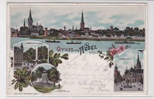 907386 Lithographie Ak Gruss aus Wesel - Kaiserplatz, großer Markt, Denkmal 1902