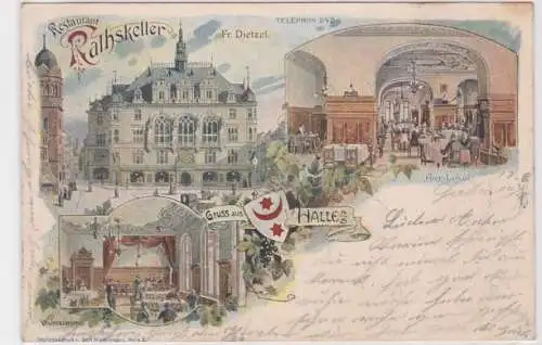 908086 Lithographie Ak Gruss aus Halle - Restaurant Rathskeller Fr. Dietzel 1901