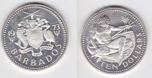 10 Dollar Silber Münze Barbados 1973 Neptun PP (166076)