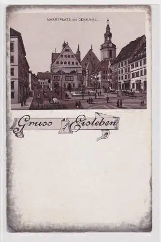 97778 Ak Lithographie Gruss aus Eisleben Marktplatz mit Denkmal um 1900