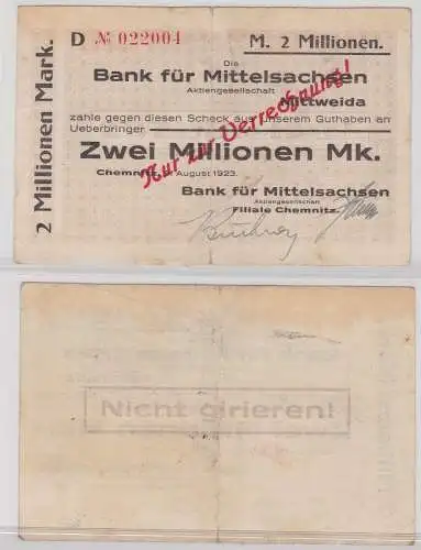 2 Millionen Mark Banknote Bank für Mittelsachsen Mittweida 9.8.1923 (122919)