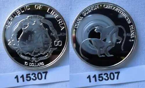 10 Dollar Silber Münze Liberia 2000 bedrohte Tierwelt, Diana-Meerkatze (115307)