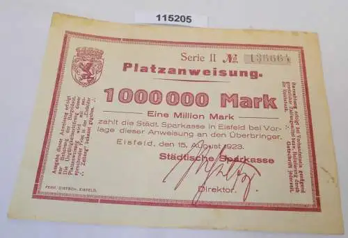 1 Million Mark Banknote Inflation Städtische Sparkasse Eisfeld 15.8.1923(115205)