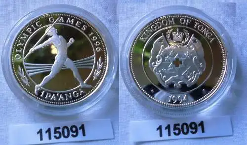 1 Pa´anga Silber Münze Tonga Olympia Atlanta 1996, Speerwerfer 1994 (115091)