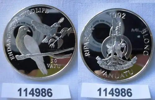 50 Vatu Silber Münze Vanuatu 1992 bedrohte Tierwelt Erdtauben  (114986)