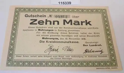 10 Mark Banknote Notgeld Kreis Mohrungen 10.November 1918 (115339)