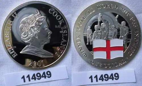 1 Dollar Farb Silber Münze Cook Inseln 2001 Fußballweltmeister England (114949)