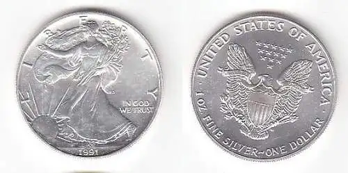 1 Dollar Silber Münze Silver Eagle USA 1991 1 Unze Feinsilber  (115324)