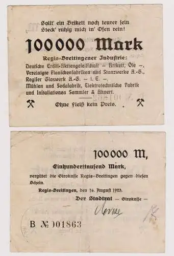 100000 Mark Banknote Regis Breitingener Industrie 16.8.1923 (120738)
