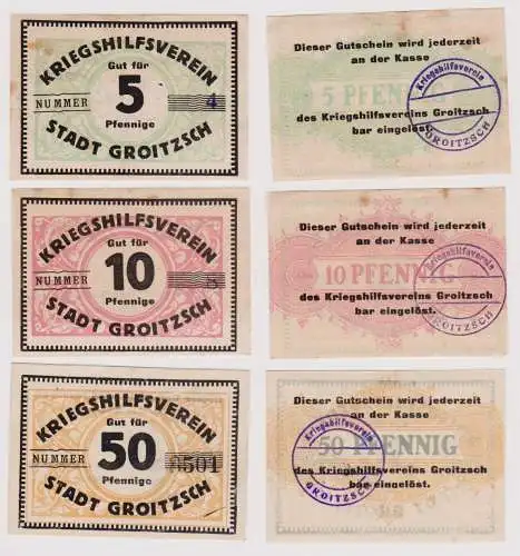 5, 10 & 50 Pfennig Banknoten Kriegshilfsverein Stadt Groitzsch (120751)