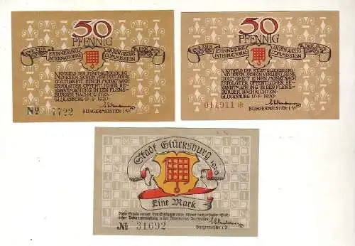 3 Banknoten 2 x 50 Pfennig 1 Mark Notgeld Stadt Glücksburg 1920 (115634)