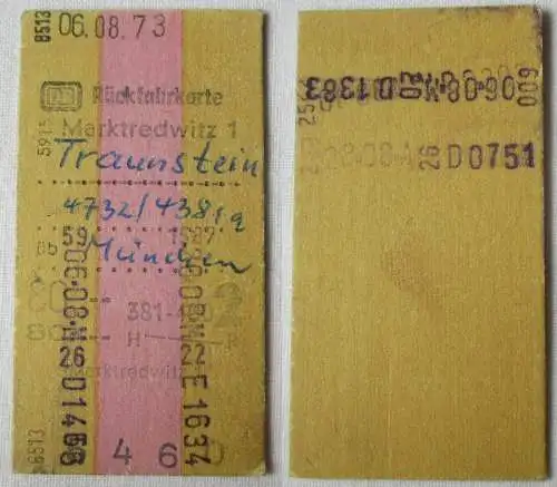 Fahrkarte Rückfahrkarte Marktredwitz Traunstein 06.08.1973 (143481)