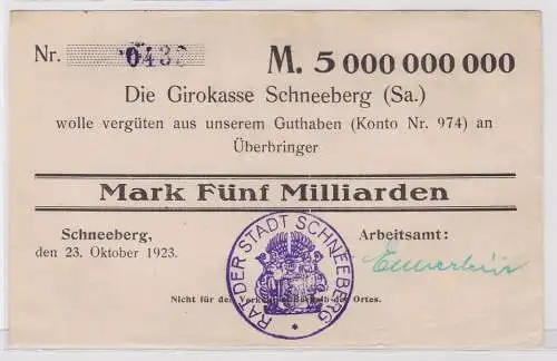 5 Milliarden Mark Banknote Girokasse Schneeberg Arbeitsamt 23.10.1923 (122439)