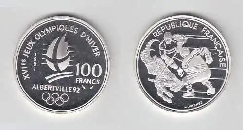 100 Franc Silber Münze Frankreich Olympia 1992 Albertville Eishockey (116497)