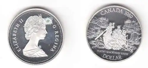 1 Dollar Silber Münze Canada Kanada Mackenzie River, Kanu im Canon 1989 (113100)