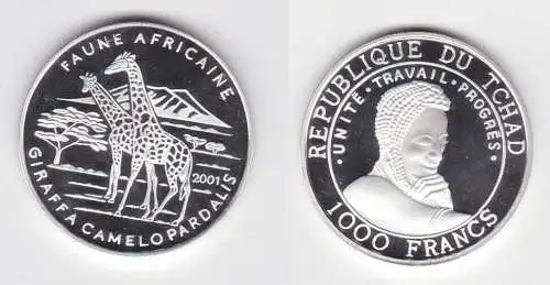 1000 Francs Silber Münze Tchad Tschad 2001 Afrikanische Fauna Giraffen (141246)