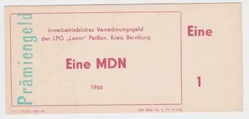 1 MDN Banknote DDR LPG Geld "Lenin" Peißen Kreis Bernburg 1966 (155540)