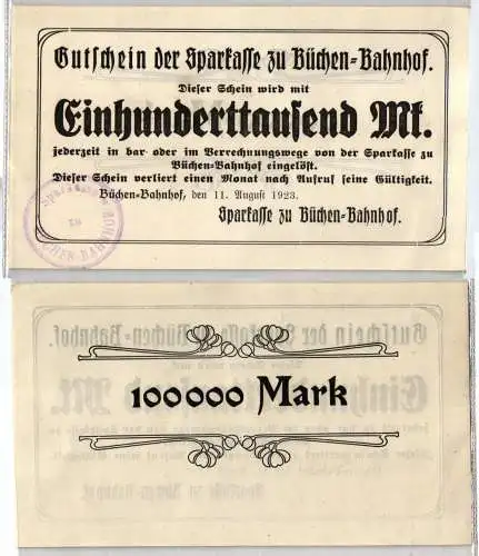 100000 Mark Banknote Sparkasse zu Büchen Bahnhof 11.08.1923 (123012)