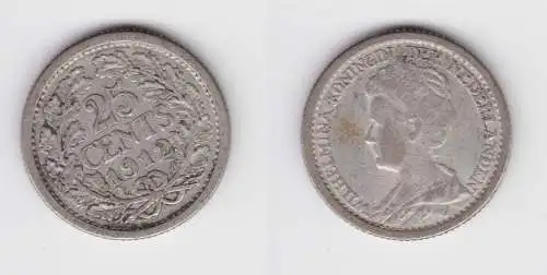 25 Cents Silber Münze Niederlande Wilhelmina 1912 ss (152813)