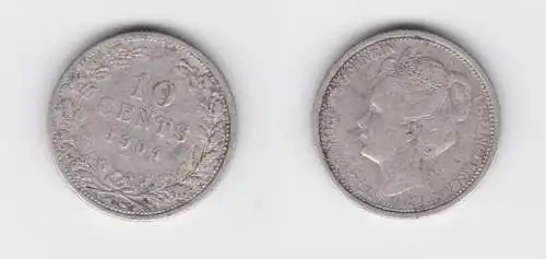 10 Cents Silber Münze Niederlande Wilhelmina 1904 f.ss (152812)
