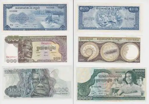 2x 100 + 1000 Riels Banknoten Kambodscha Cambodia Cambodge 1972 UNC- (151631)