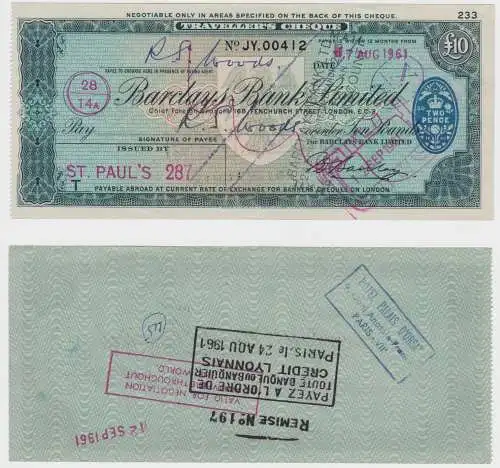 10 Pfund Reisescheck 10 Pounds Traveller's cheque Barclays Bank 1961 (152356)