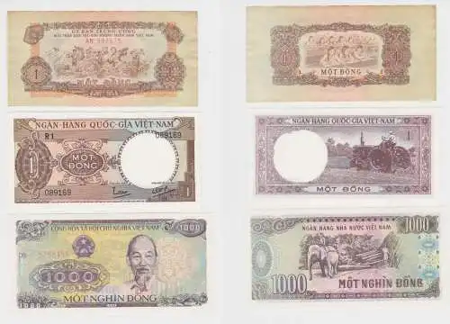 2x 1 Dong South Vietnam 1964 + 1966 + 1000 Dong Vietnam 1988 Banknoten (138313)