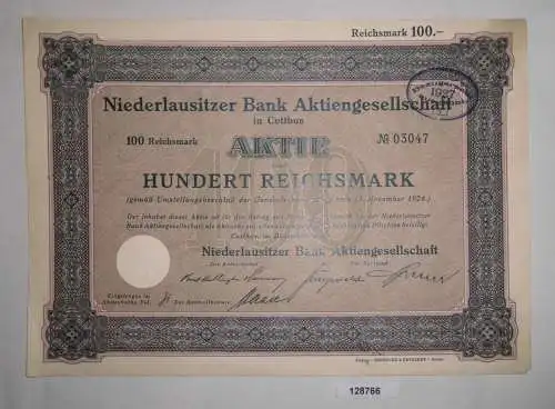 100 RM Aktie Niederlausitzer Bank AG Cottbus Dezember 1924 (128766)