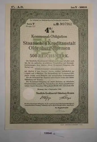 500 RM Obligation Staatliche Kreditanstalt Oldenburg-Bremen 1.Sep. 1941 (128940)