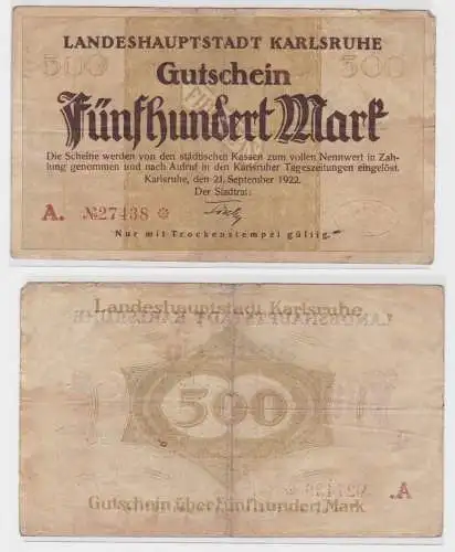 500 Mark Banknote Landeshauptstadt Karlsruhe 21.9.1922 (137302)