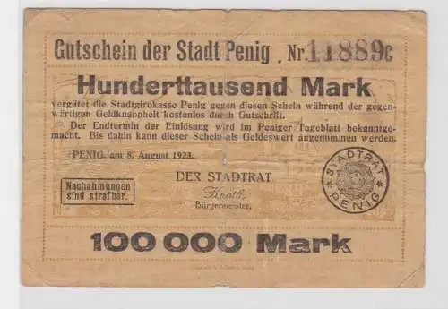 Seltene Banknote Inflation 100000 Mark Stadt Penig 8.8.1923 (137581)