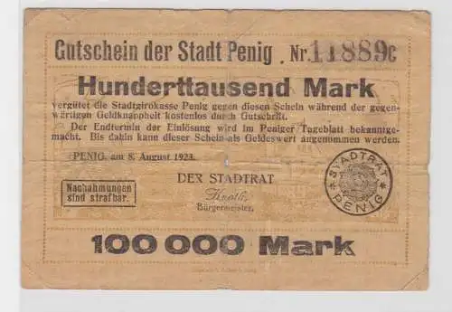 seltene Banknote Inflation 100000 Mark Stadt Penig 8.8.1923 (137581)