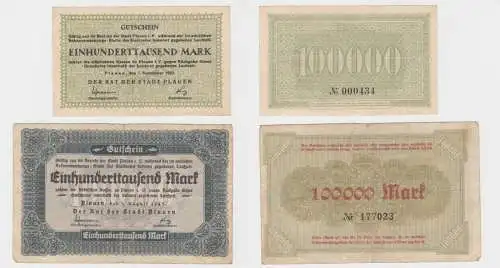 2 x 100000 Mark Banknoten Inflation Stadt Plauen 1.8./7.9.1923 (135070)