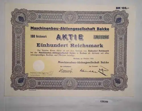 100 Reichsmark Aktie Maschinenbau AG Balcke Bochum Oktober 1933 (128398)