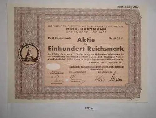 100 RM Aktie Sächsische Textilmaschinenfabrik AG Chemnitz 15. Nov. 1935 (128771)