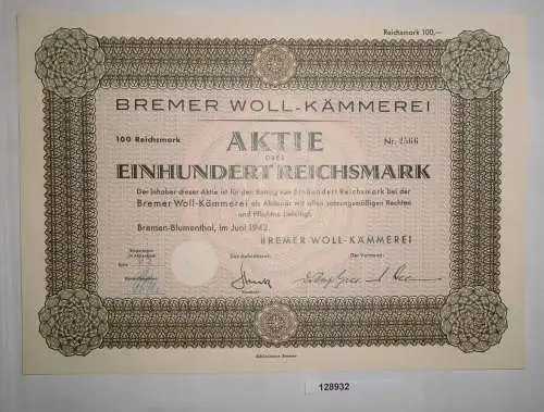 100 RM Aktie Bremer Woll-Kämmerei Bremen-Blumenthal Juni 1942 (128932)
