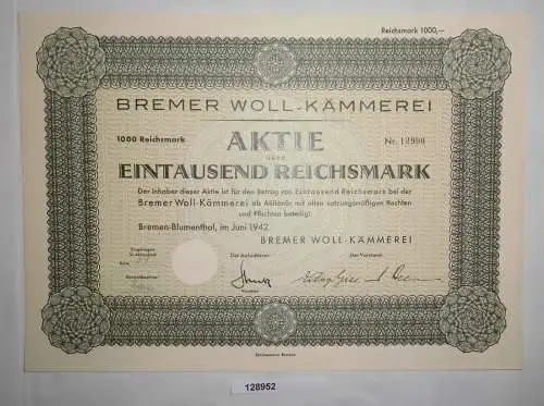 100 RM Aktie Bremer Woll-Kämmerei Bremen-Blumenthal Juni 1942 (128952)