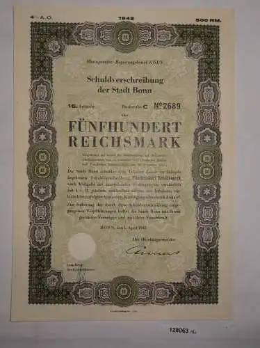 500 RM Schuldverschreibung Stadt Bonn 1. April 1942 (128063)