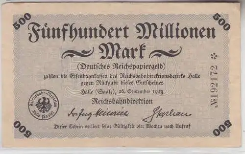 500 Millionen Mark Inflation Banknote Reichsbahndirektion Halle 1923 (111946)
