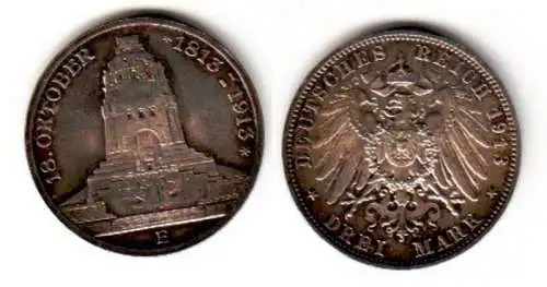 3 Mark Silbermünze Sachsen Völkerschlachtdenkmal 1913 Jäger 140 (110156)