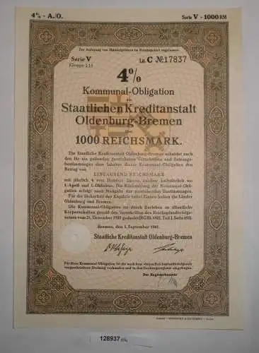 1000 RM Obligation Staatliche Kreditanstalt Oldenburg-Bremen 1.Sep 1941 (128937)