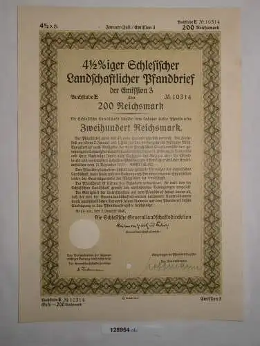 200 RM Pfandbrief Schlesische Landschaftsdirektion Breslau 2. Jan. 1940 (128954)