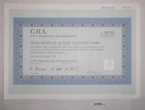 5 Mark zehn Aktien C.H.A. Bauelemente AG München August 1995 (127925)