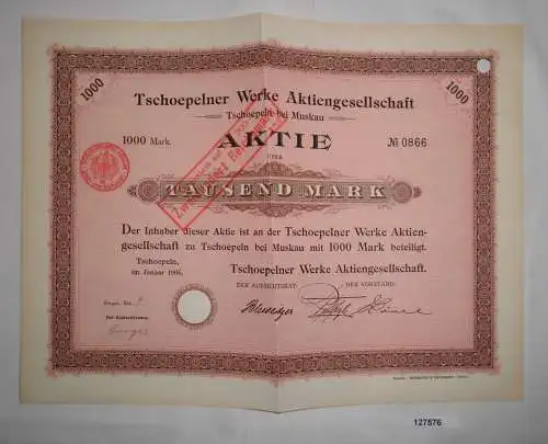 1000 Mark Aktie Tschoelpener Werke AG Tschoepeln bei Muskau Januar 1906 (127576)