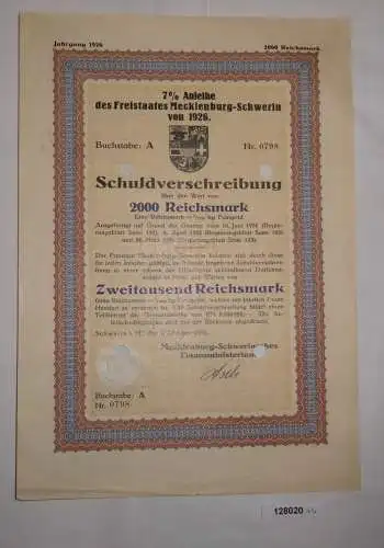 2000 RM Schuldverschr. Mecklenburg-Schwerinsches Finanzministerium 1926 (128020)